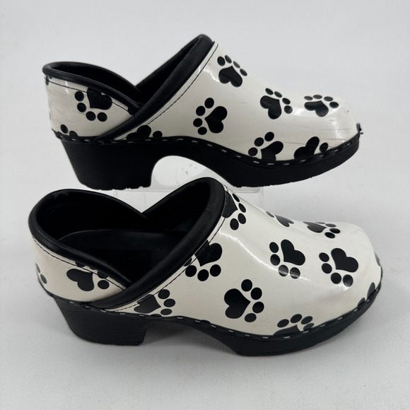 C & C Sweden Clogs WOMENS Black White Paw Print Slip On Mules Shoes SIZE 37 - Picture 1 of 8